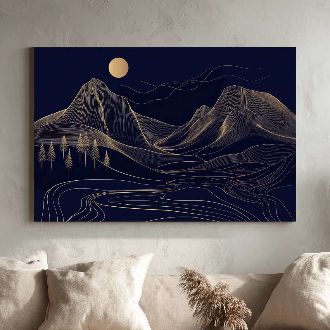 Elegant mountain wall art, gold contour line artwork style