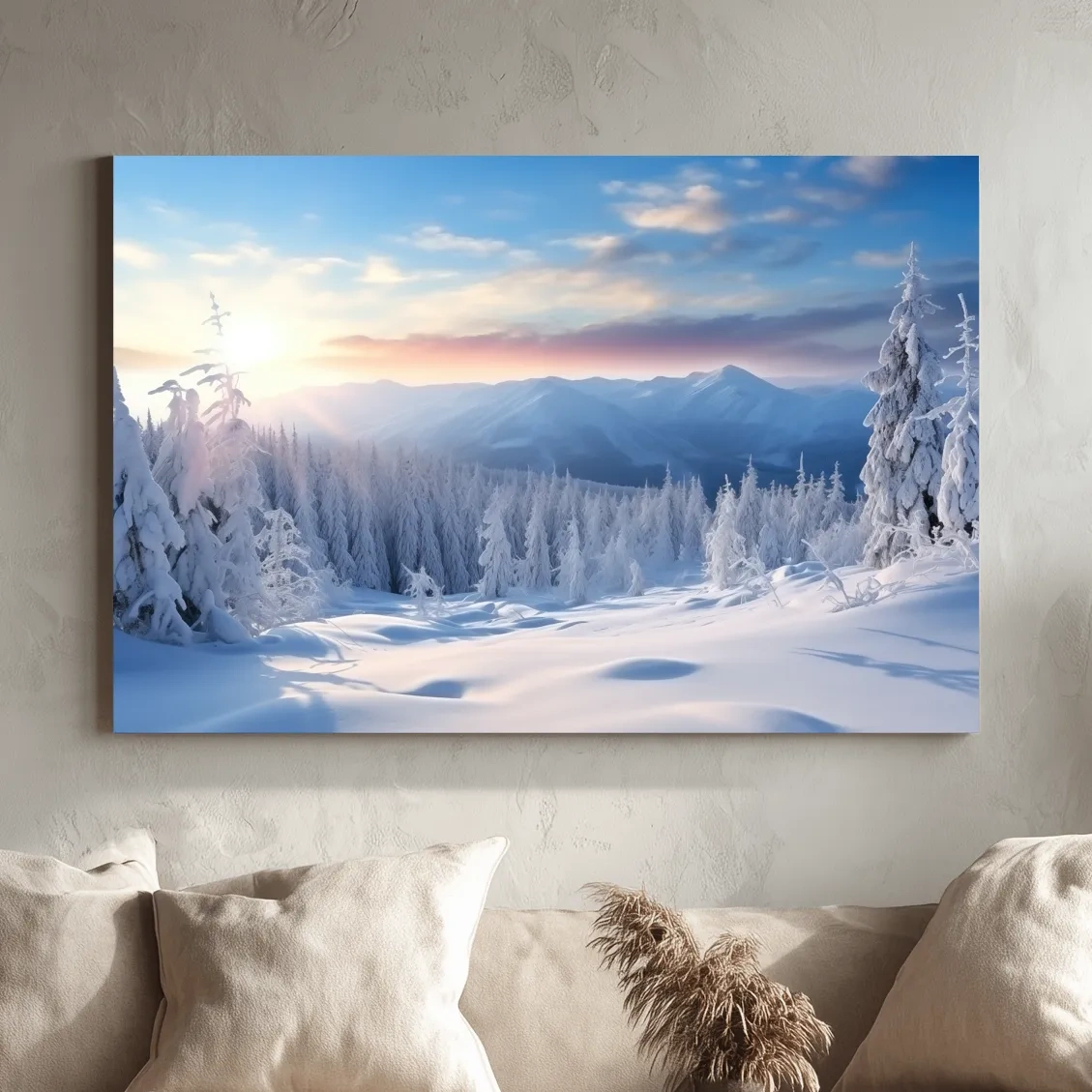 Snow covered alpine forest at sunset, photographic art