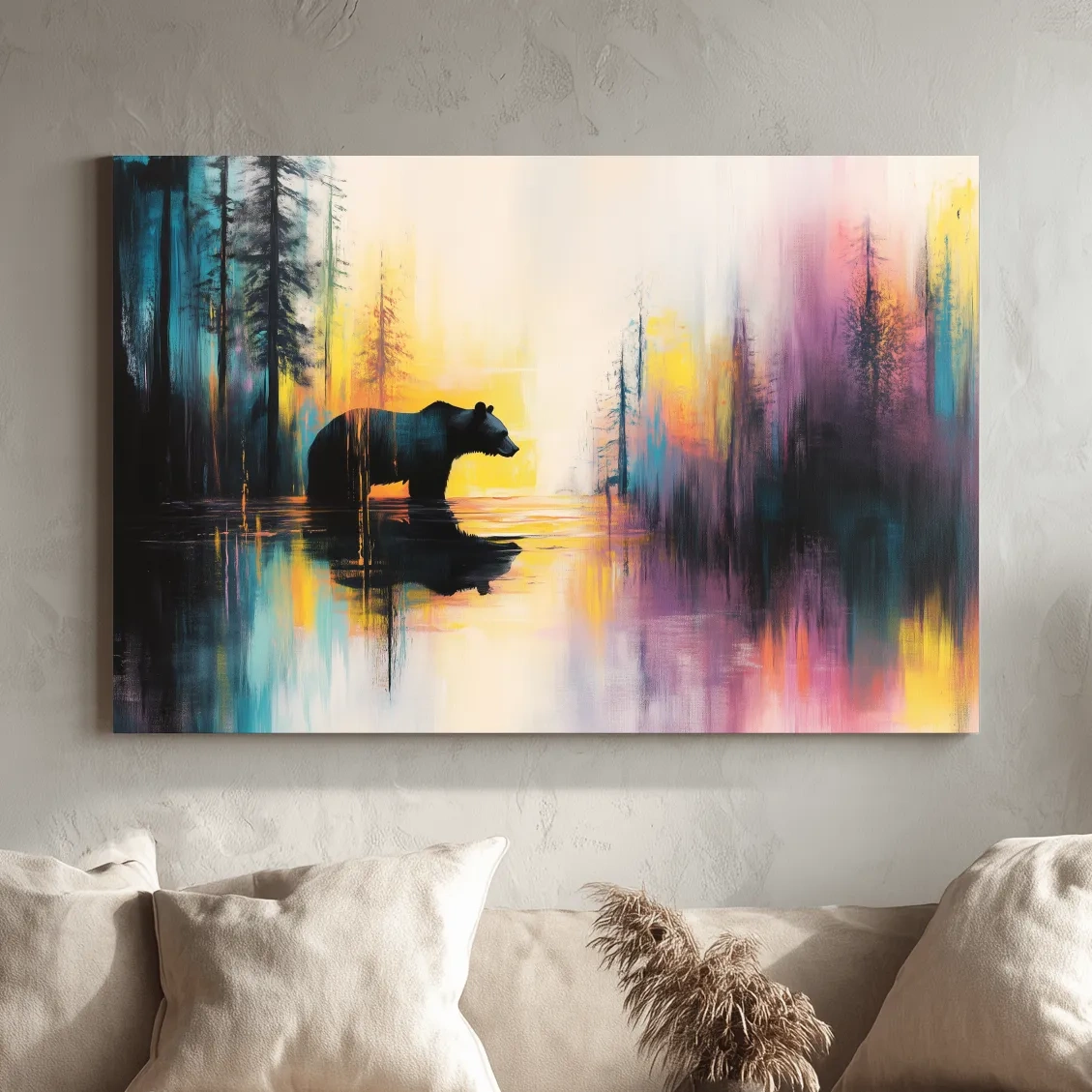 Grizzly bear in a river painting, colorful abstract wall art