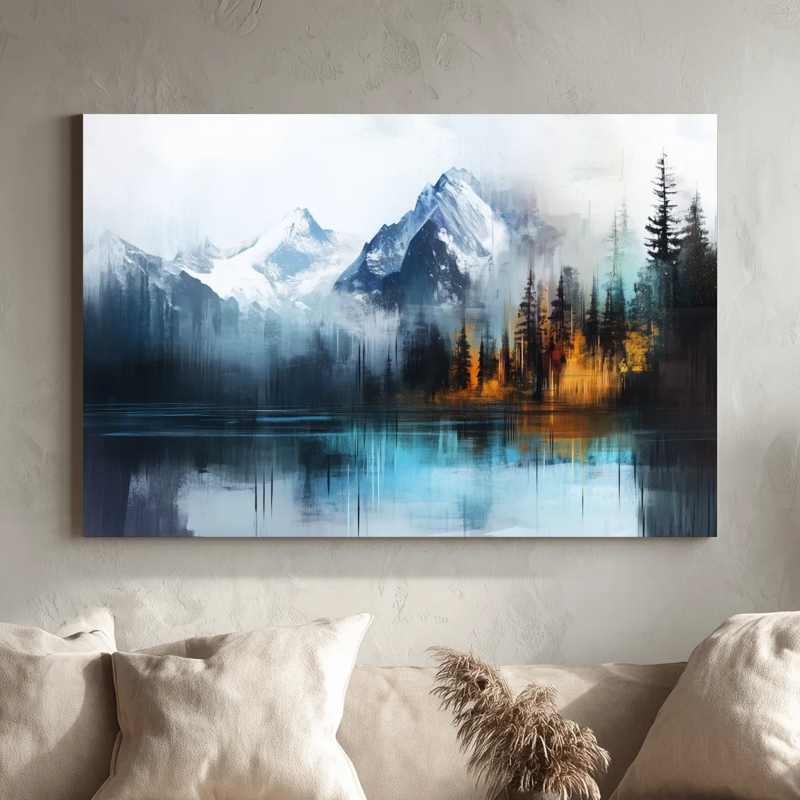 Misty Mountain & Lake Reflection - Abstract Painting Pine Forest Wall Art