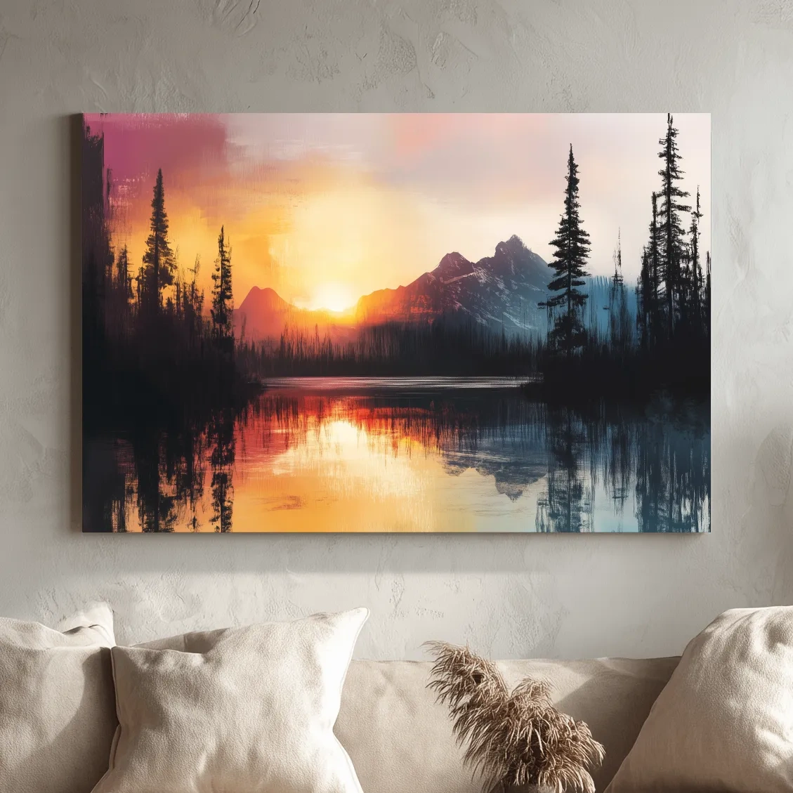 Abstract mountain art painting, sunset over a lake and forest