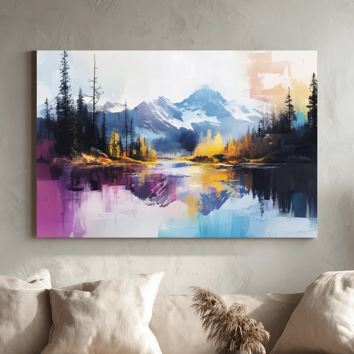 Vibrant Abstract Mountain Lake Reflection Painting - Colorful Modern Landscape Wall Art