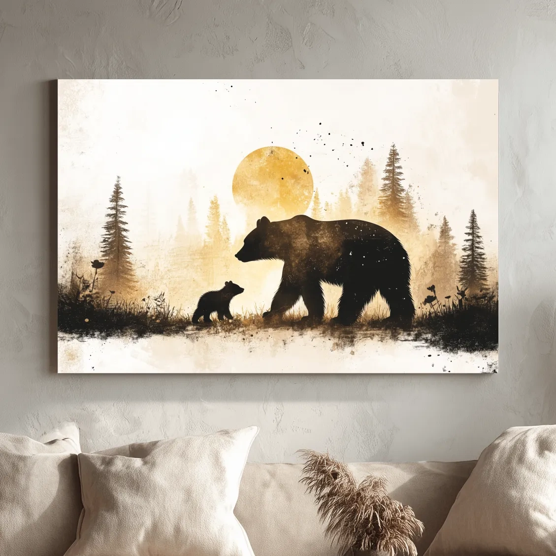 Momma Bear And Cub Watercolor Silhouette - Rustic Forest Wildlife Wall Art
