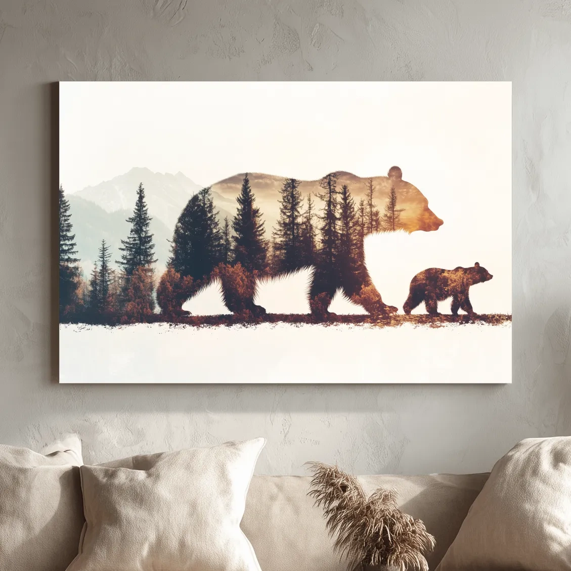 Double exposure forest wall art, momma bear and her cub
