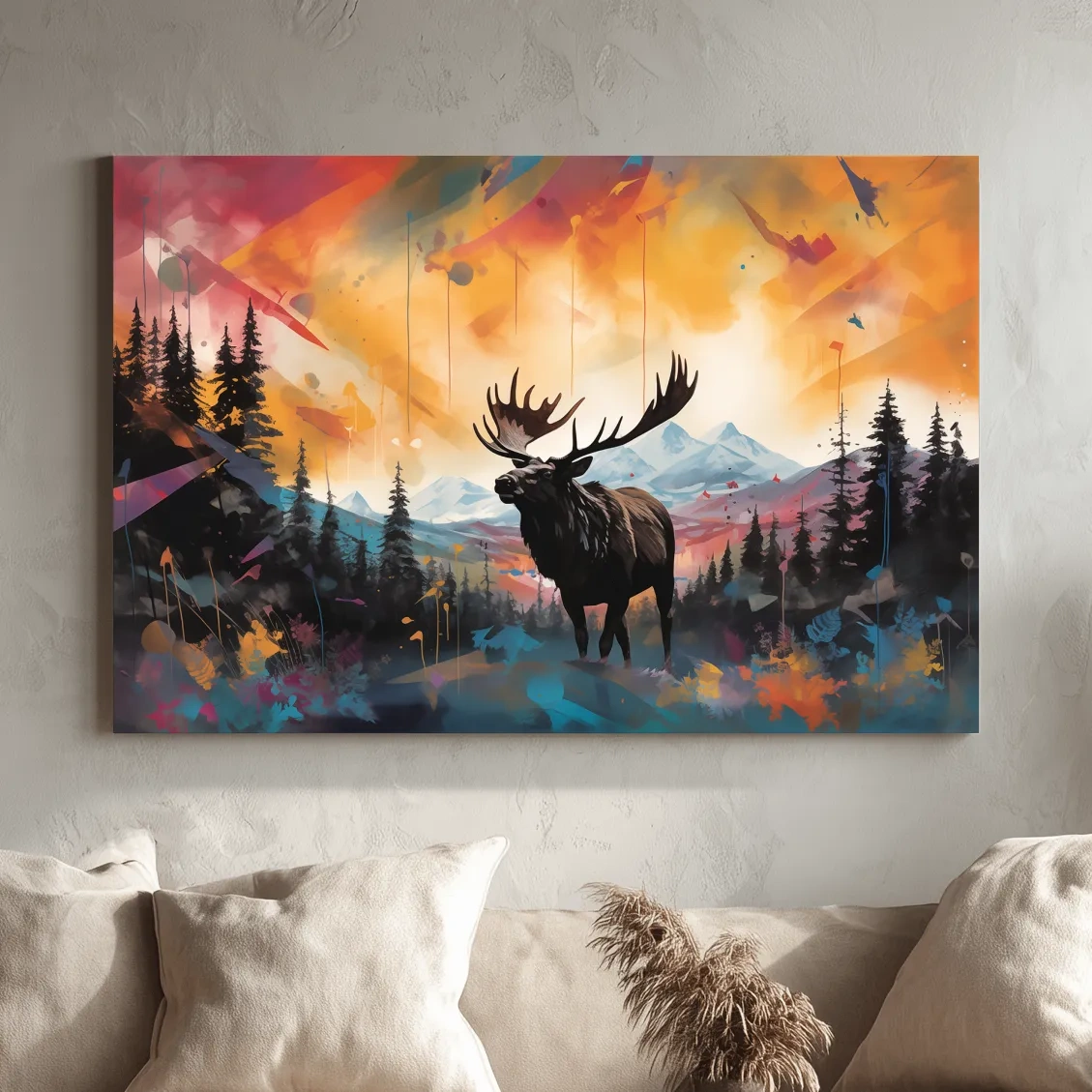 Abstract vibrant painting of a moose in forest scenery