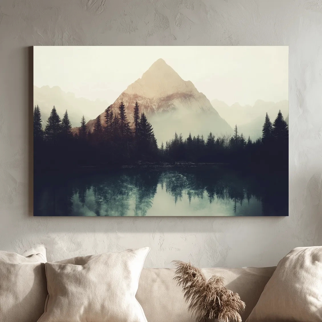 Mountain wall art, silhouetted forest on the lake