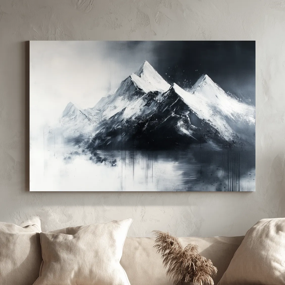 Moody Monochrome Snowcapped Mountain Peaks Painting - Modern Minimalist Wall Art
