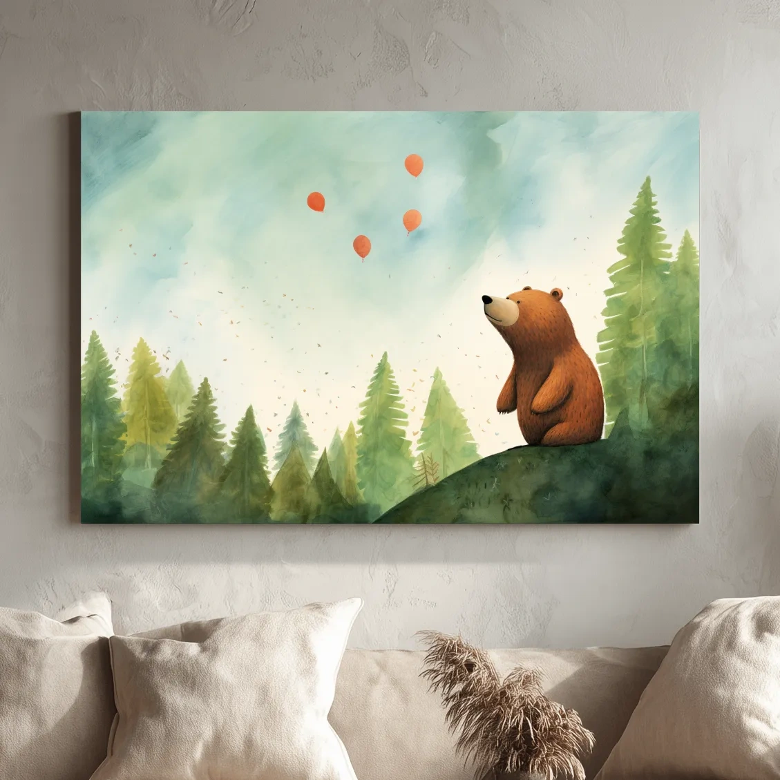 Illustration of a cute happy bear gazing into the sky, nursery wall art