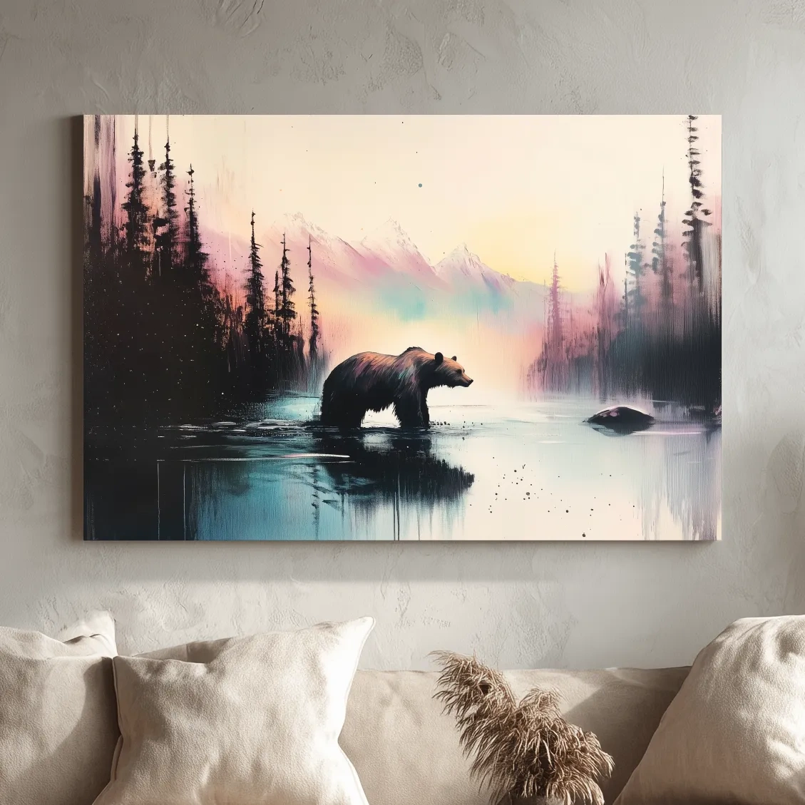 Vibrant textured wallart painting, a grizzly bear in a river