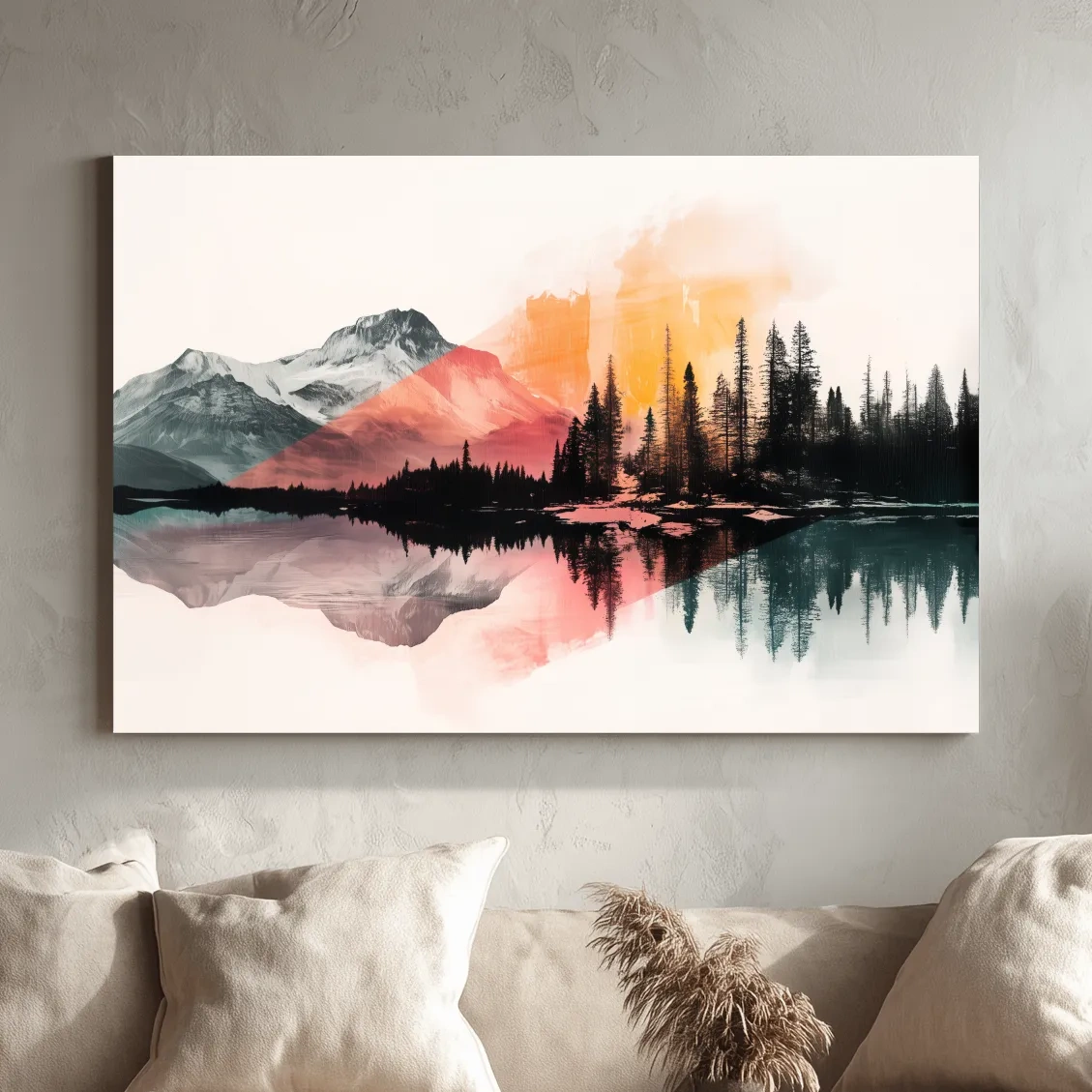 Abstract Alpine Lake Reflection Painting - Modern Watercolor Forest Landscape Wall Art