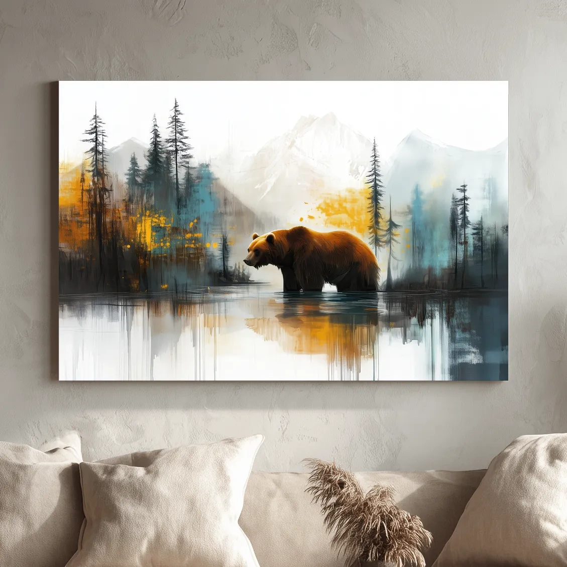Grizzly bear textured wall art, colorful abstract painting artwork