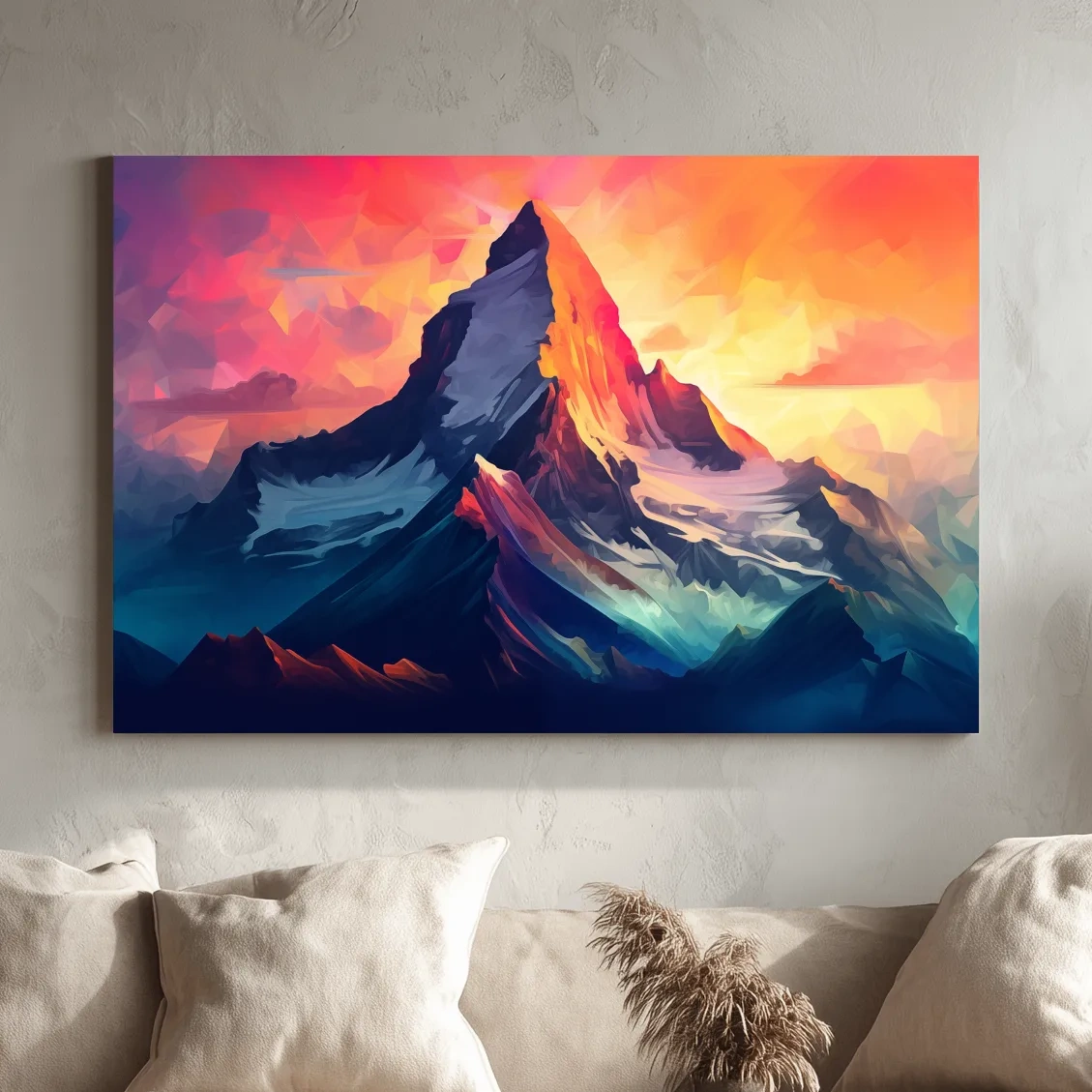 Vibrant Geometric Alpine Peak Sunrise - Modern Abstract Mountain Wall Art