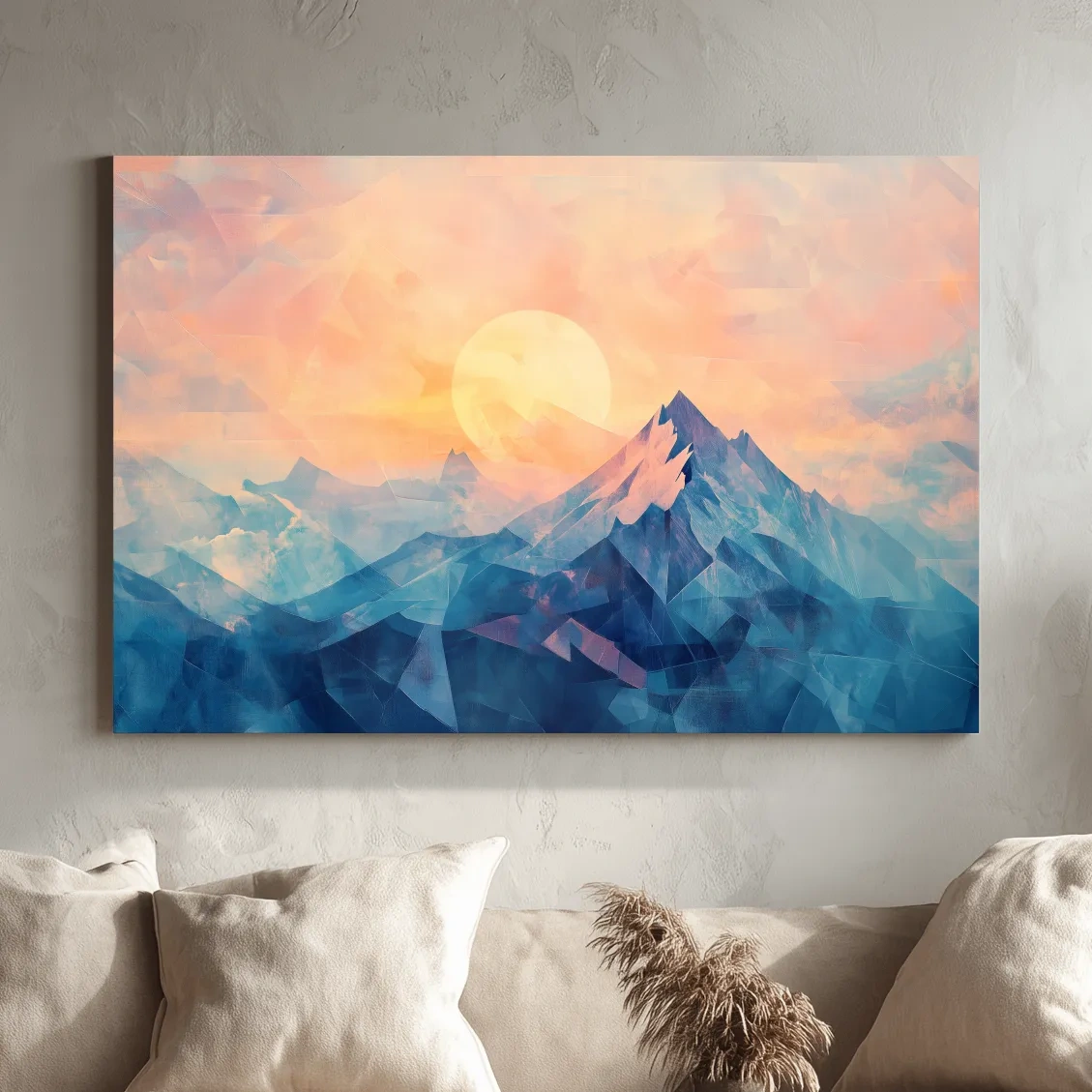 Sunset mountain wall art, geometric fragmented mosaic effect, textured art finish