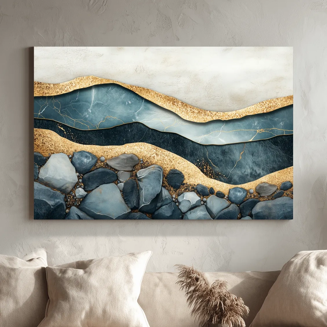 Luxury Teal Gold Marble Geode Layers - Modern River Rock Wall Art