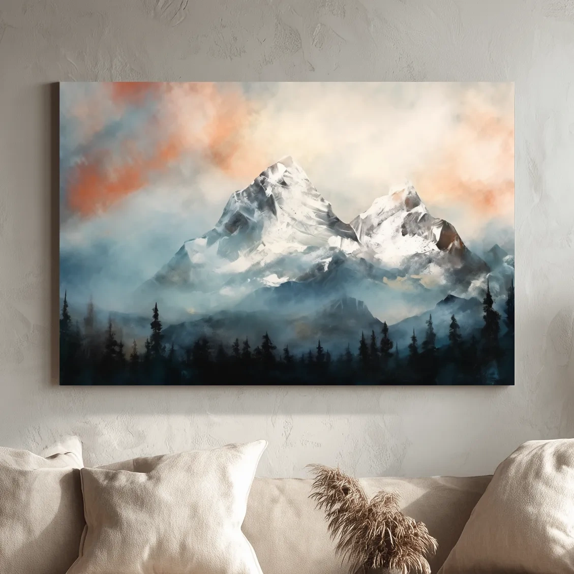 Misty Snowcapped Mountain Peaks Painting - Alpine Sunset Wall Art