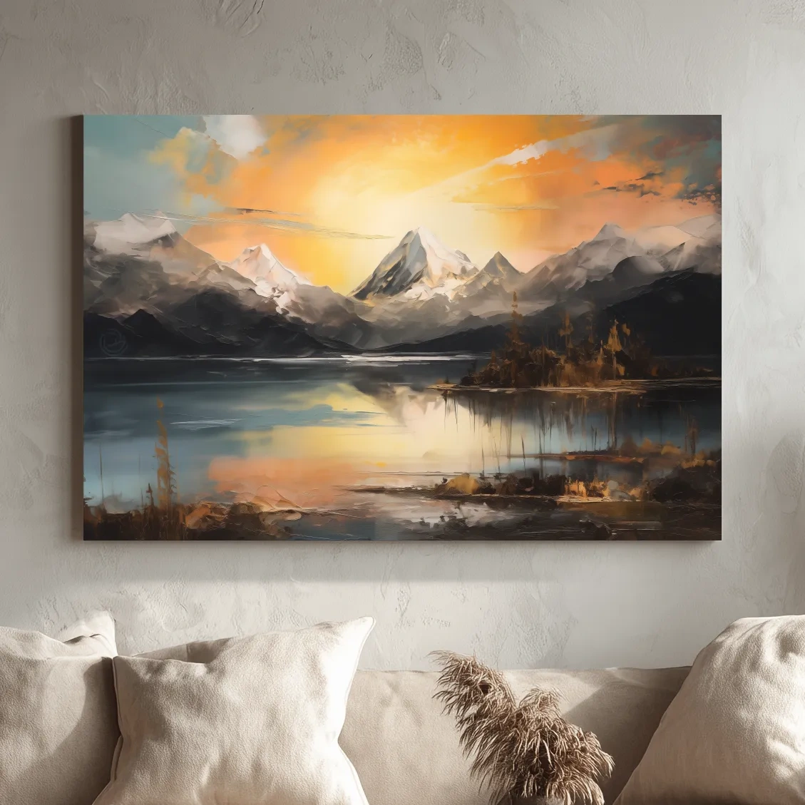 Alpine mountain sunrise over a tranquil lake, dramatic oil painting wall art