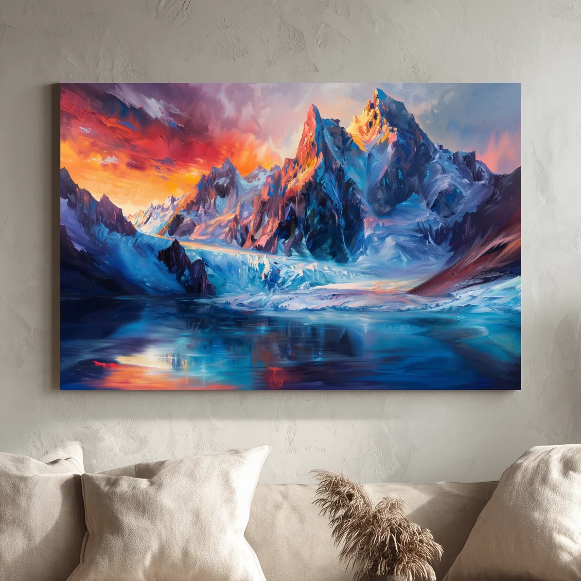 Vibrant Glacial Sunset Impressionism Painting - Dramatic Alpine Mountain Wall Art