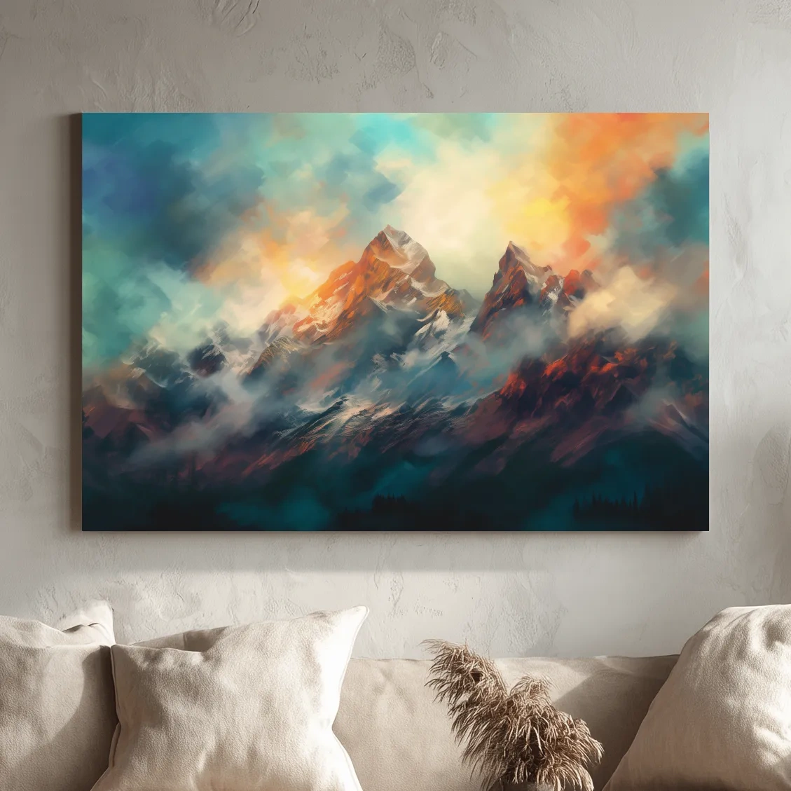 Colorful mountain sunrise artwork, peaks in the mist