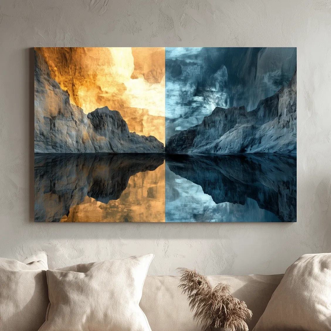 Split Tone Mountain Lake Reflection - Fiery Sunset Cool Twilight