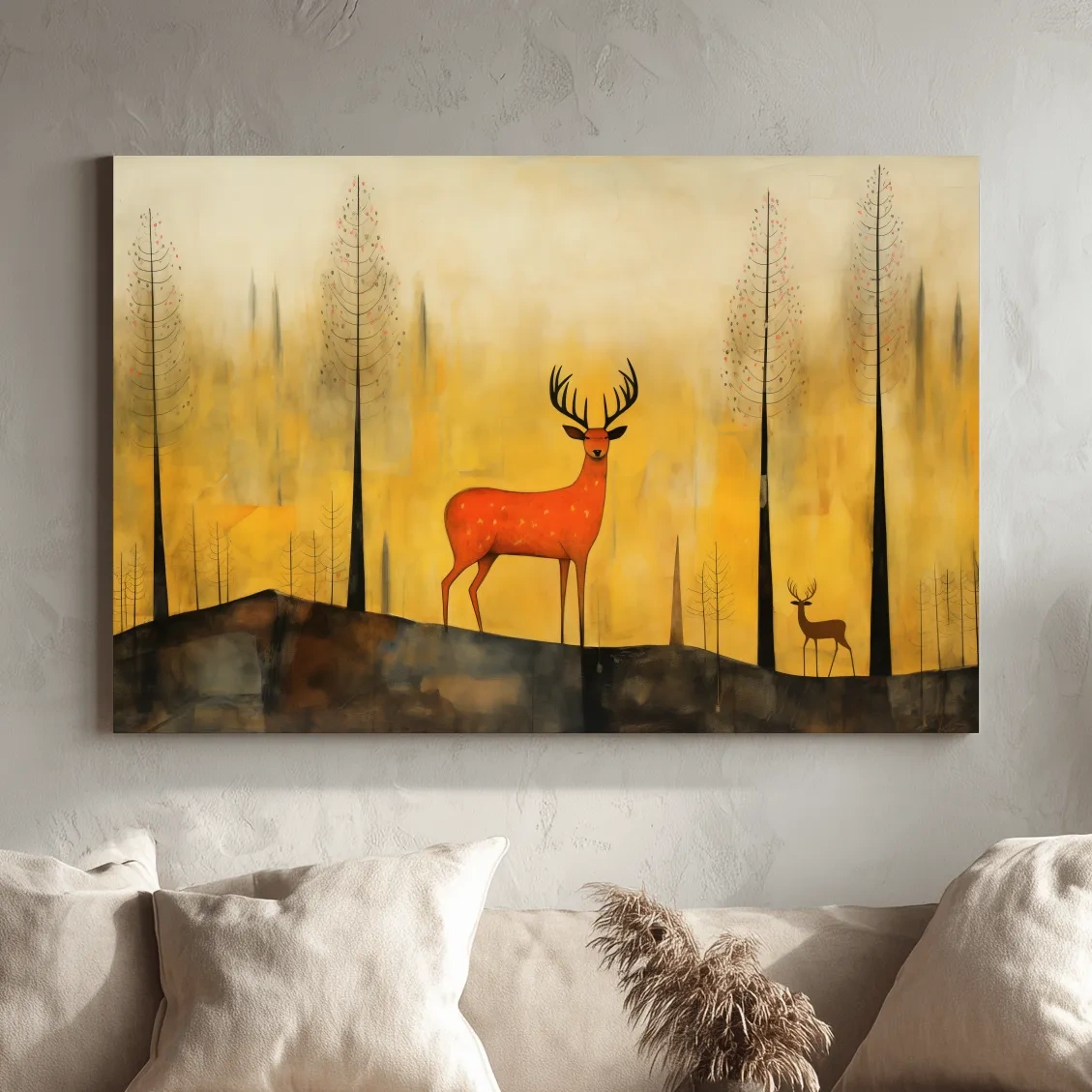 Quirky illustration art of a deer in the forest, whimsical animal artwork