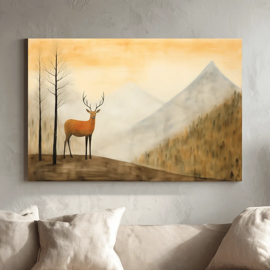 Deer Alpine Mountain Landscape Painting - Serene Foggy Forest Wall Art