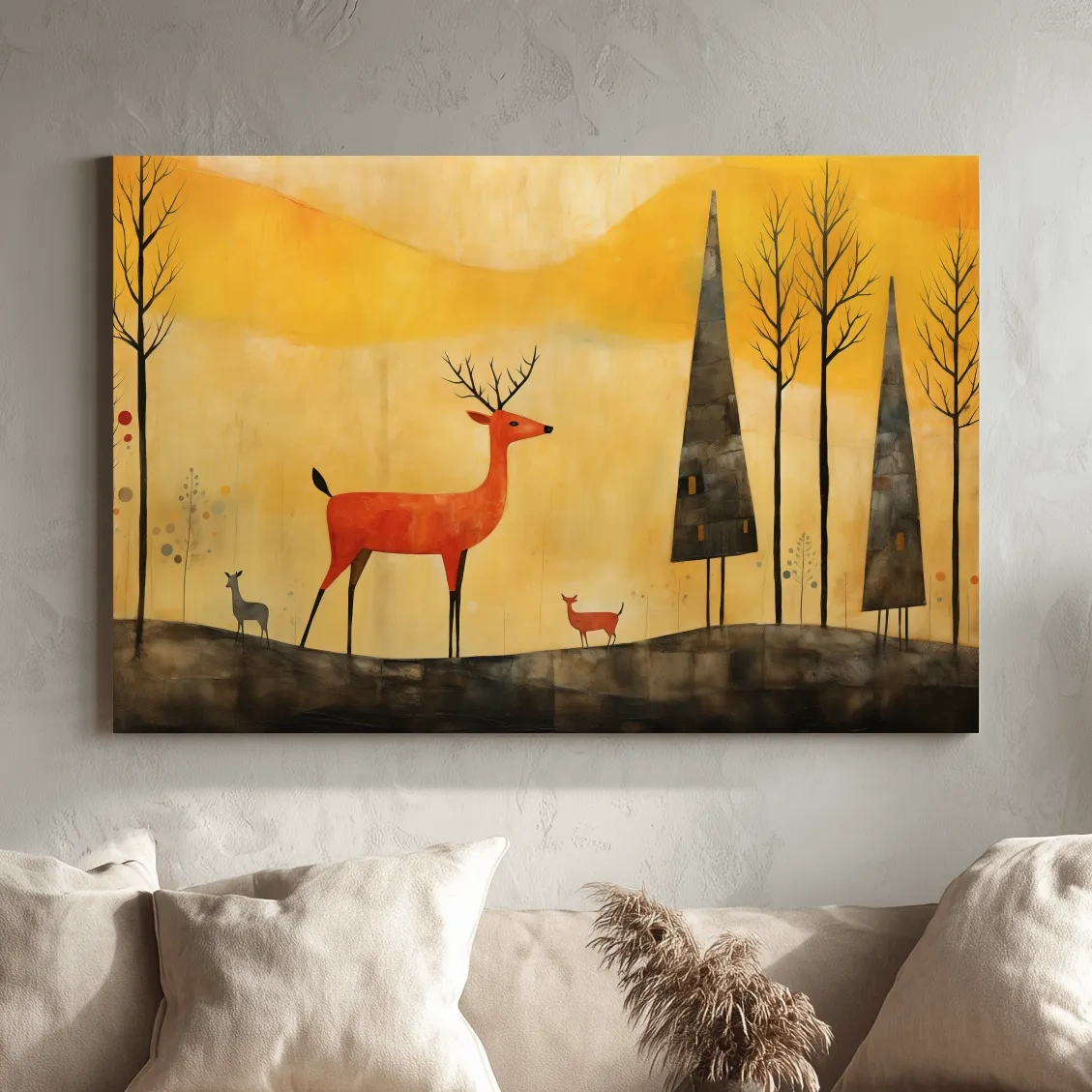 Red deer in an autumn forest landscape, quirky painting artwork