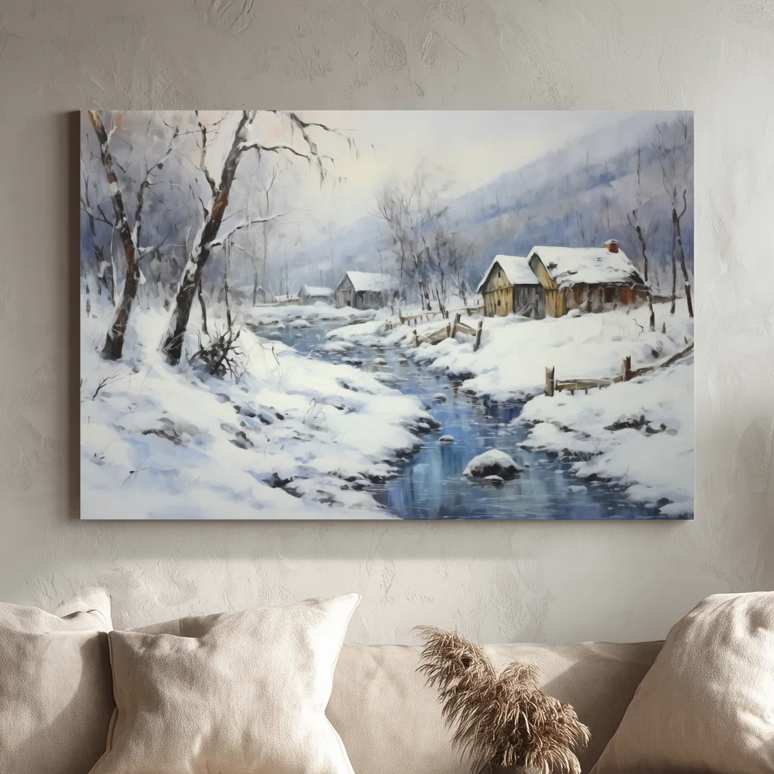 Snowy landscape artwork with rustic cabins beside a frozen stream, serene winter wall art