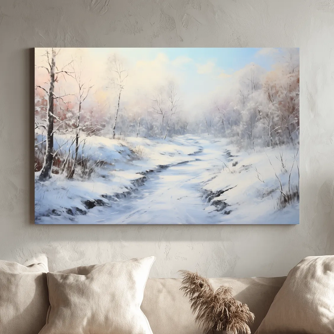 Winter landscape artwork, serene snowy forest path with soft pastel sky