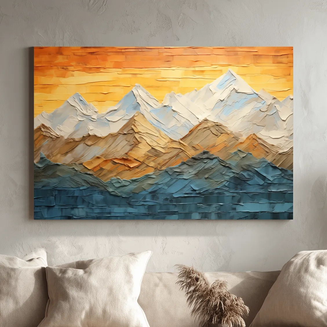 Impasto Style Mountain Range Sunset - Pallet Knife Painting Effect Wall Art