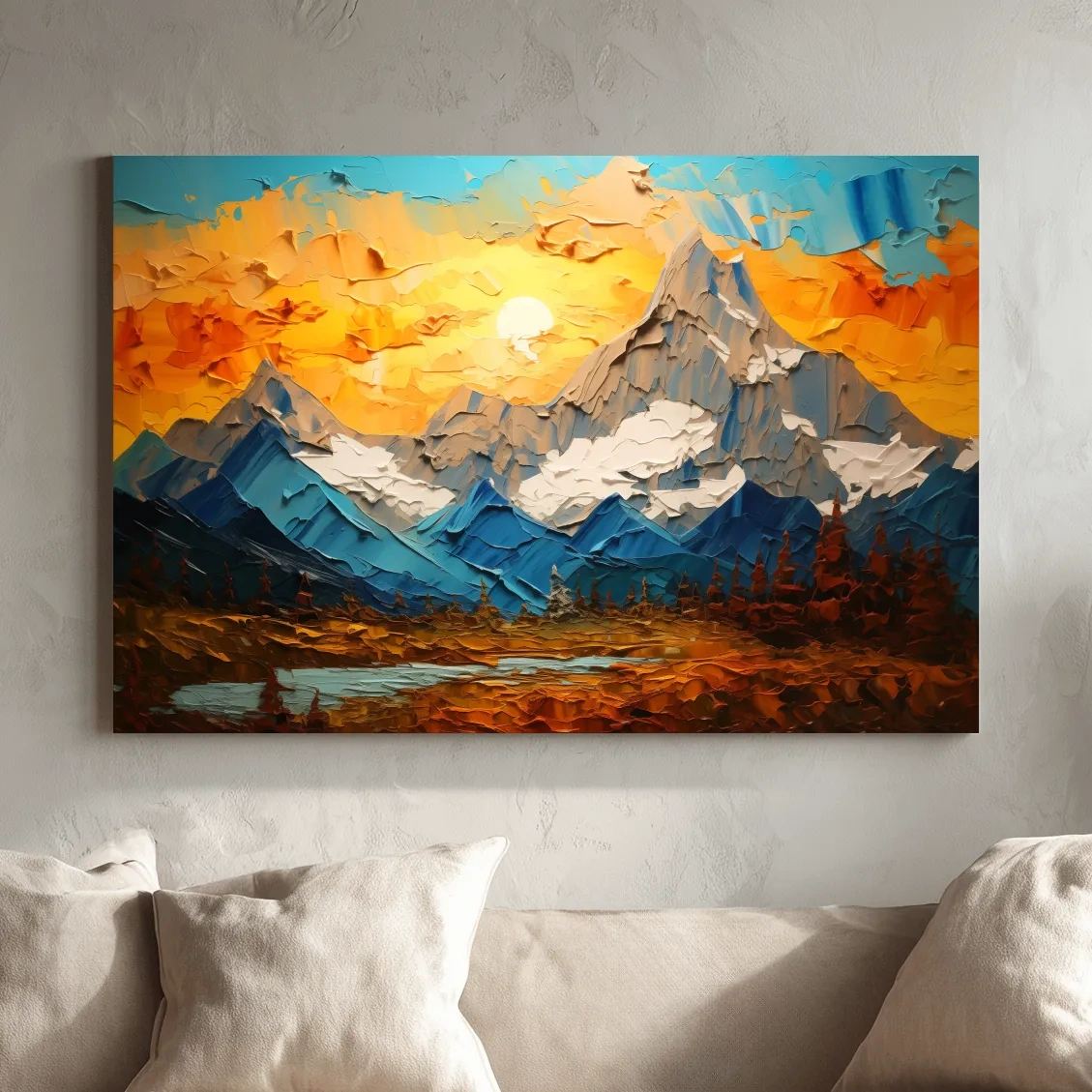 Palette Knife Style Mountain Sunset Painting - Vibrant Abstract Alpine Artwork