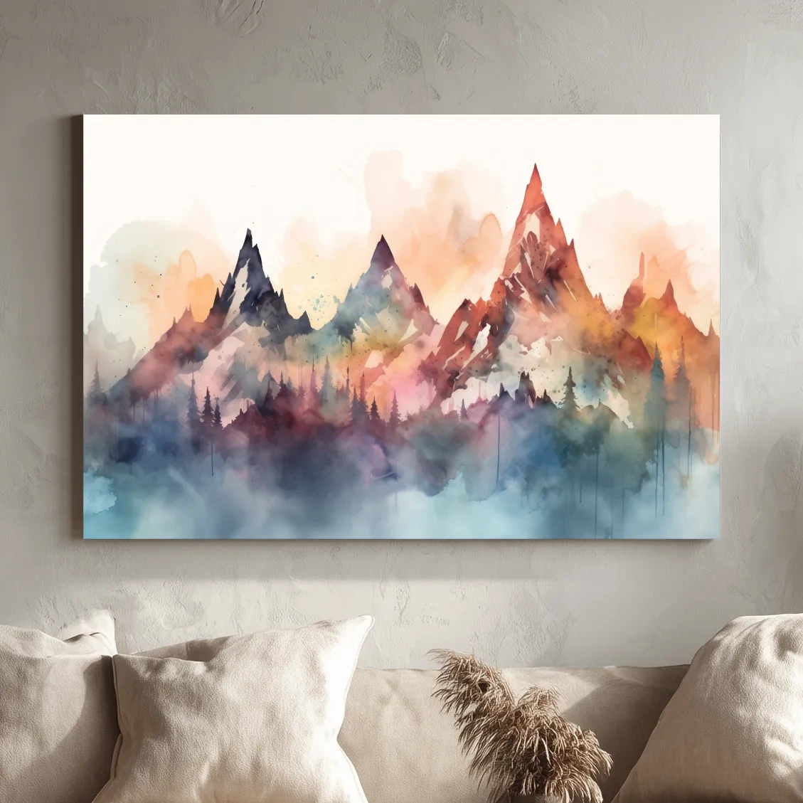 Colorful watercolor mountain wall art, serene misty landscape painting