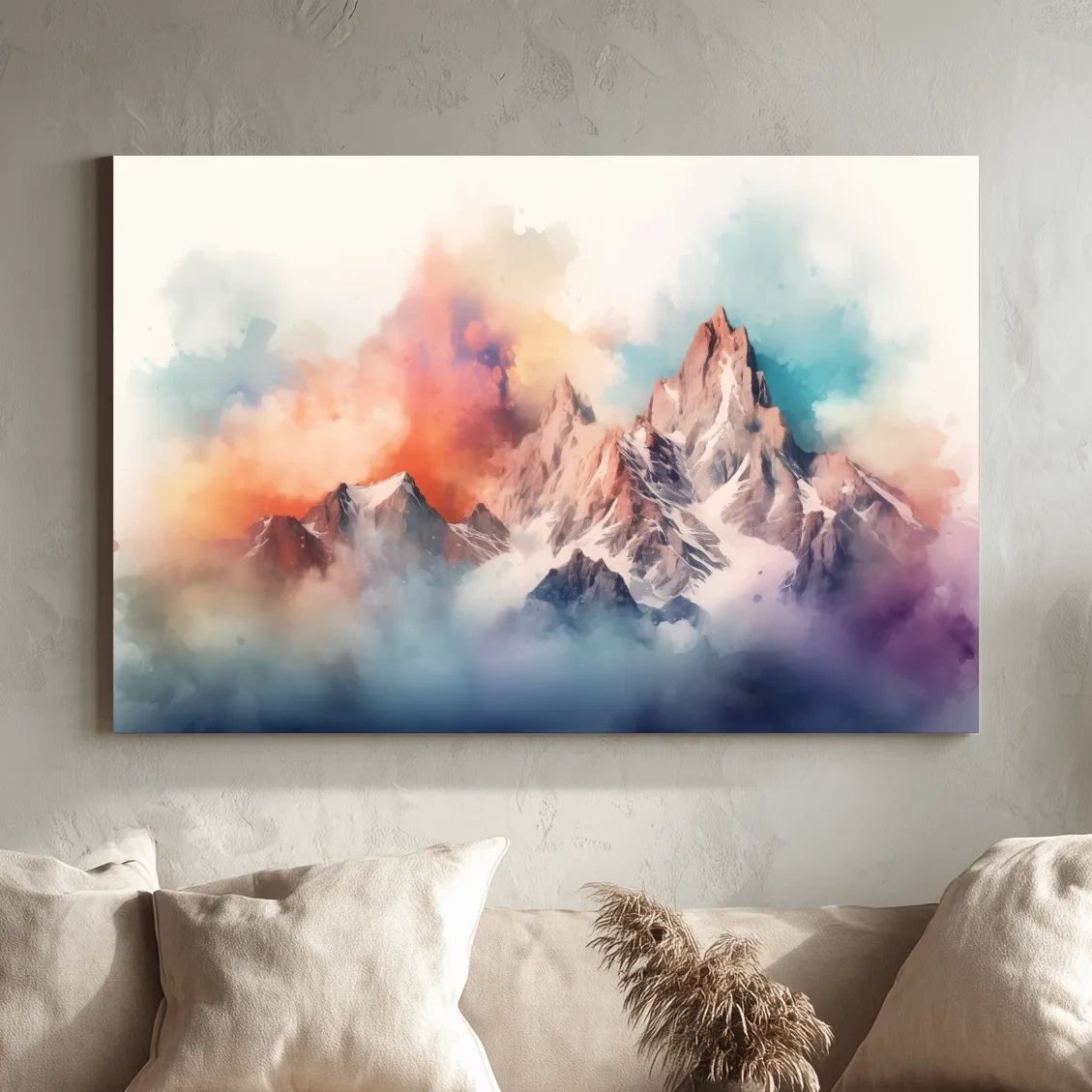 Abstract colourful mountain artwork, vibrant effect with clouds and peaks