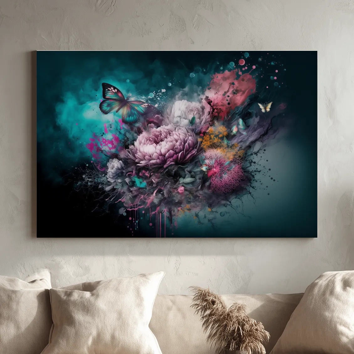 Fantasy floral explosion artwork with butterflies, vibrant abstract wall art 