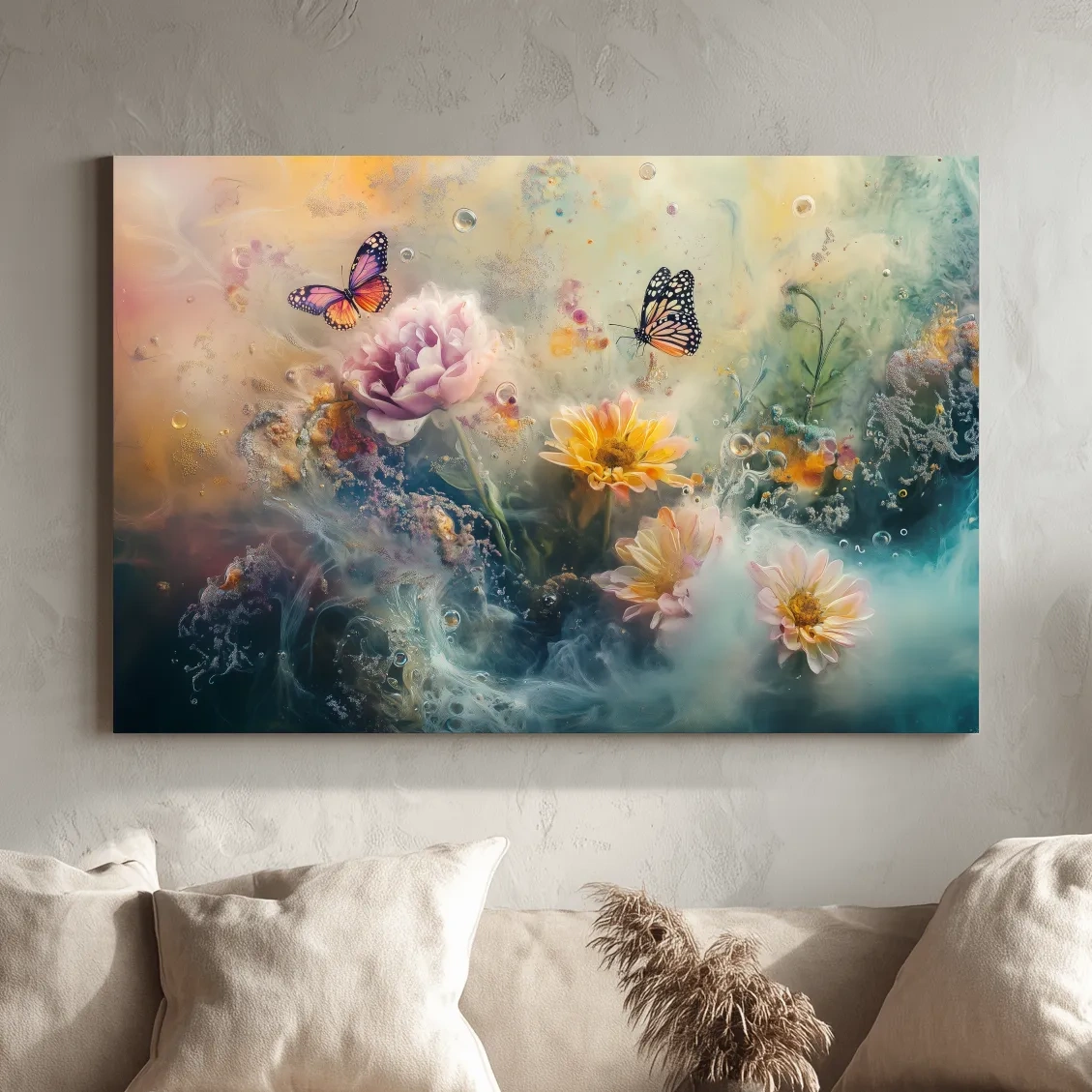Ethereal Butterfly Floral Dreamscape - Pastel Mixed Media Wall Art