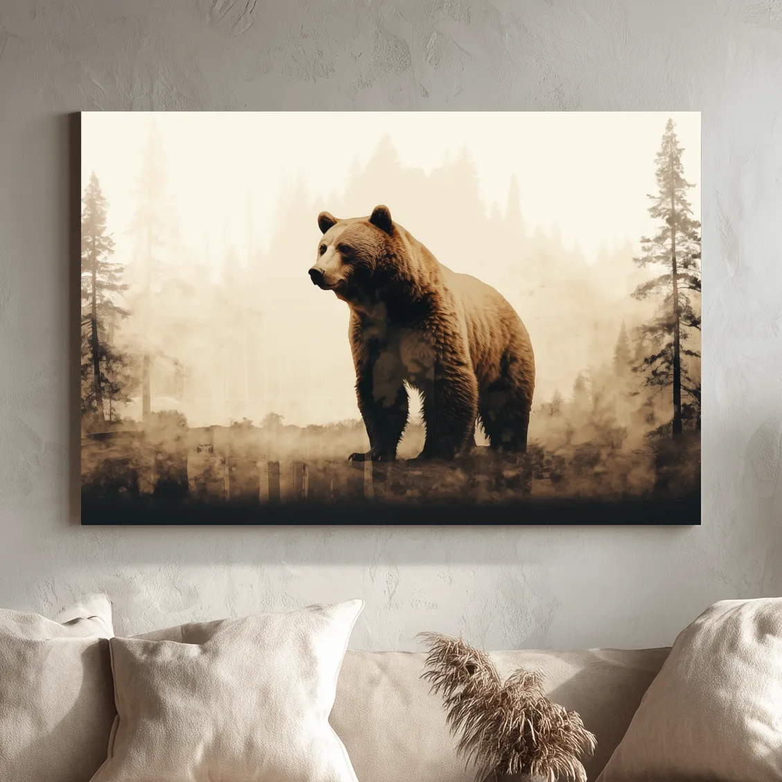 Grizzly bear in the forest, double exposure sepia photography artwork