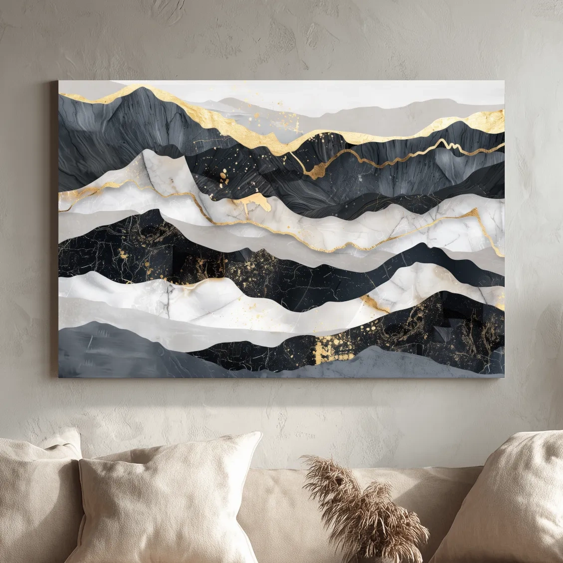 Abstract elegant artwork, layered mountain ridgelines, gold leaf style modern wall art