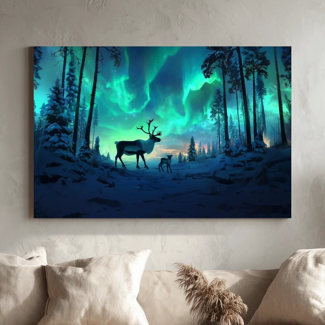 Caribou Buck Under Aurora Borealis Winter Scene - Fantasy Northern Lights Forest Wall Art