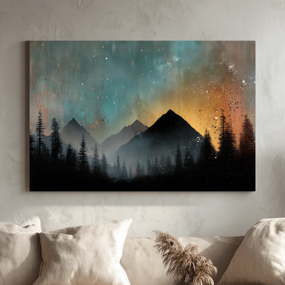 Moody Mountain Sunset Silhouette - Abstract Pine Forest Wall Art