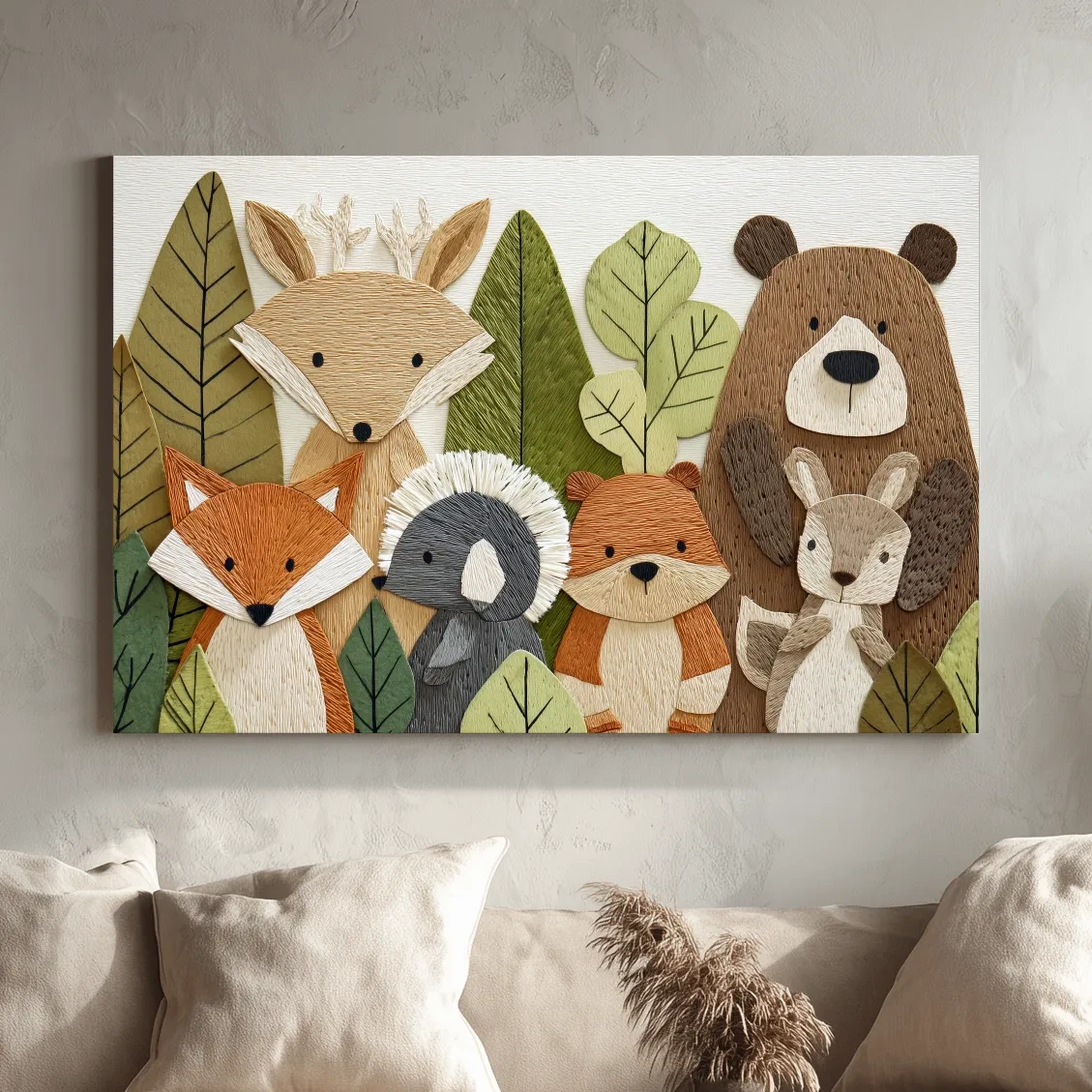 Woodland Animal Nursery Decor - Cute Forest Animals Embroidery Style Wall Art
