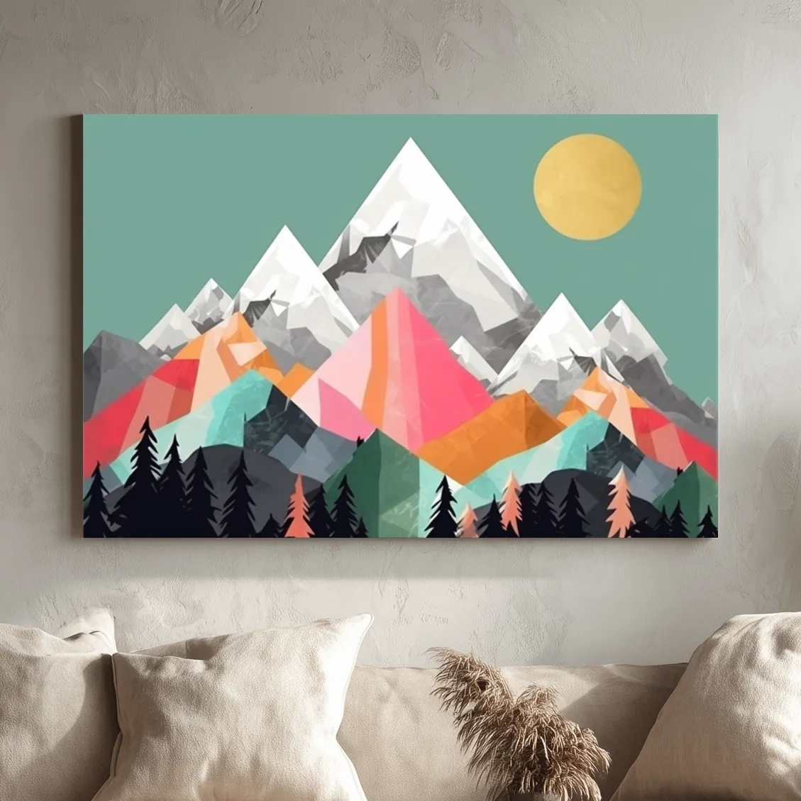 Geometric Abstract 2D Mountain Sunrise Art - Colorful Mid Century Wall Art