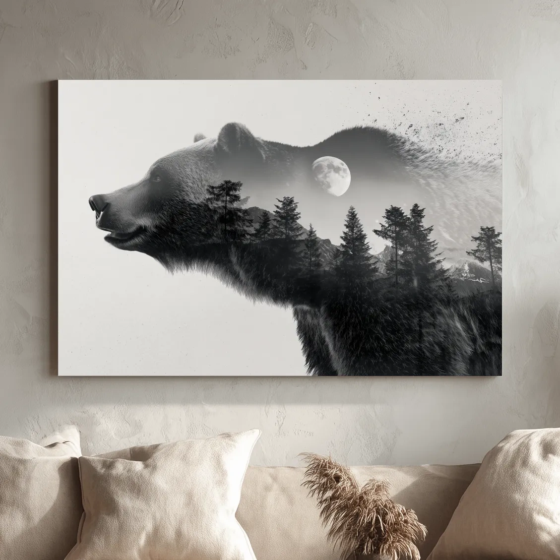 Grizzly bear wall art, moonlit forest double exposure artwork