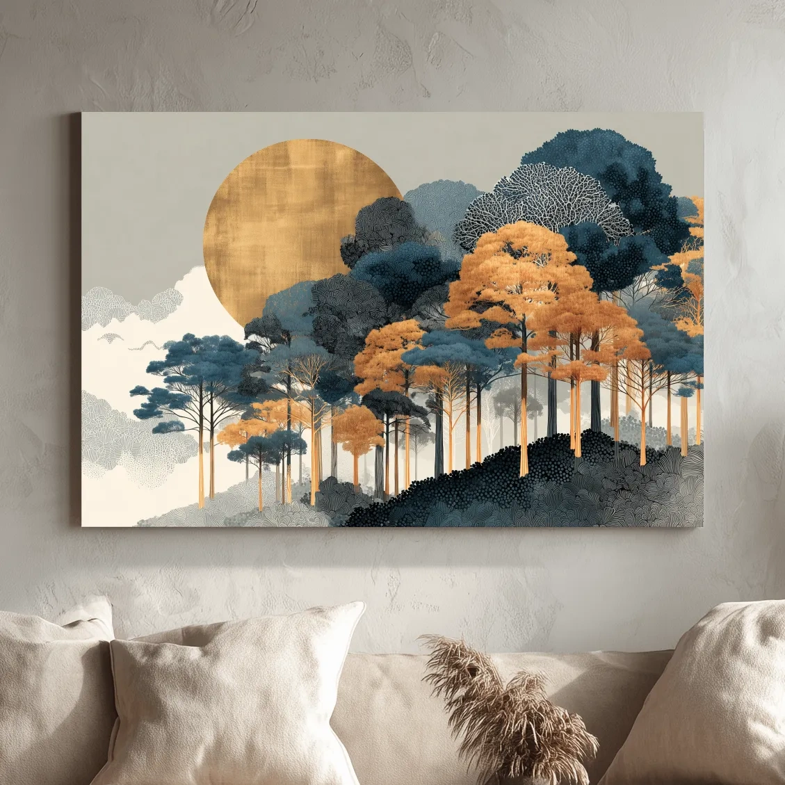Modern Chic Golden Sun Over Autumn Forest - Elegant Boho Landscape Wall Art
