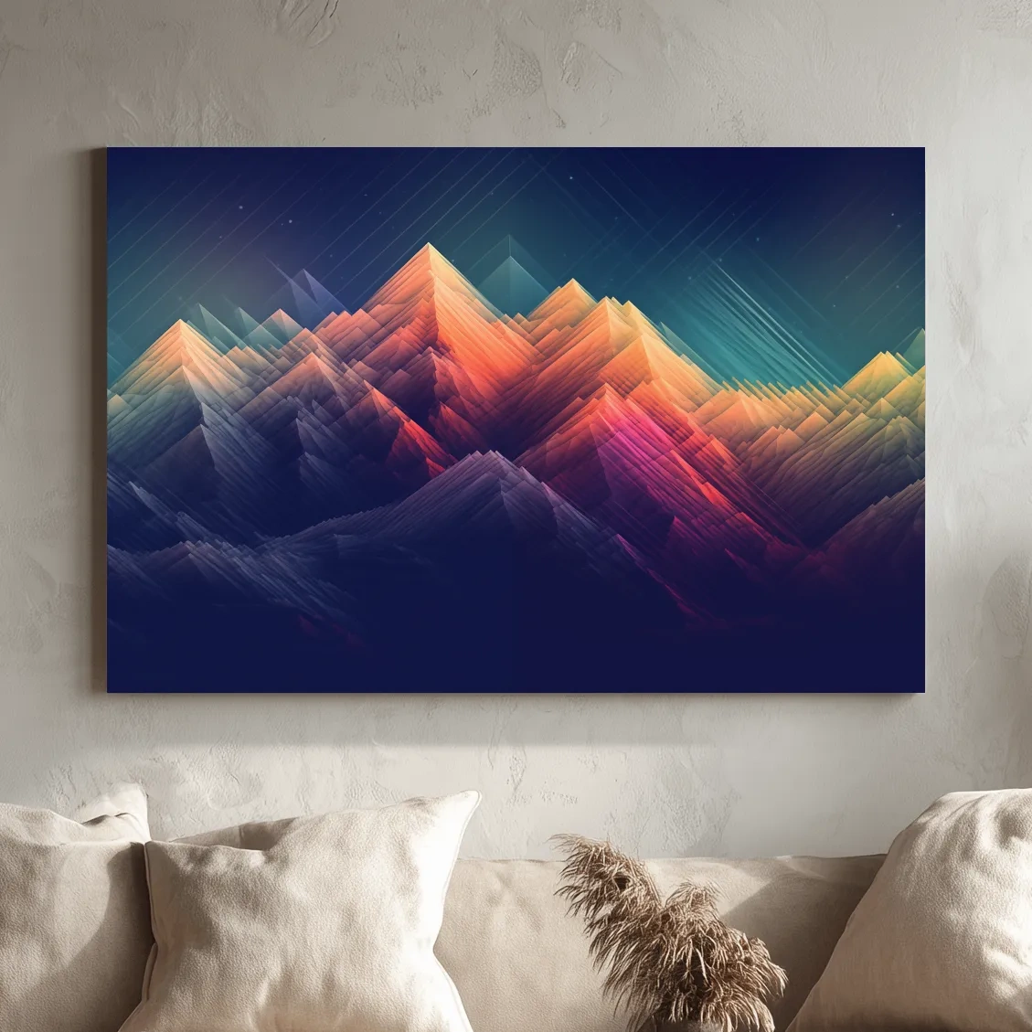 Vibrant Geometric Neon Mountain Peaks - Abstract Alpine Wall Art