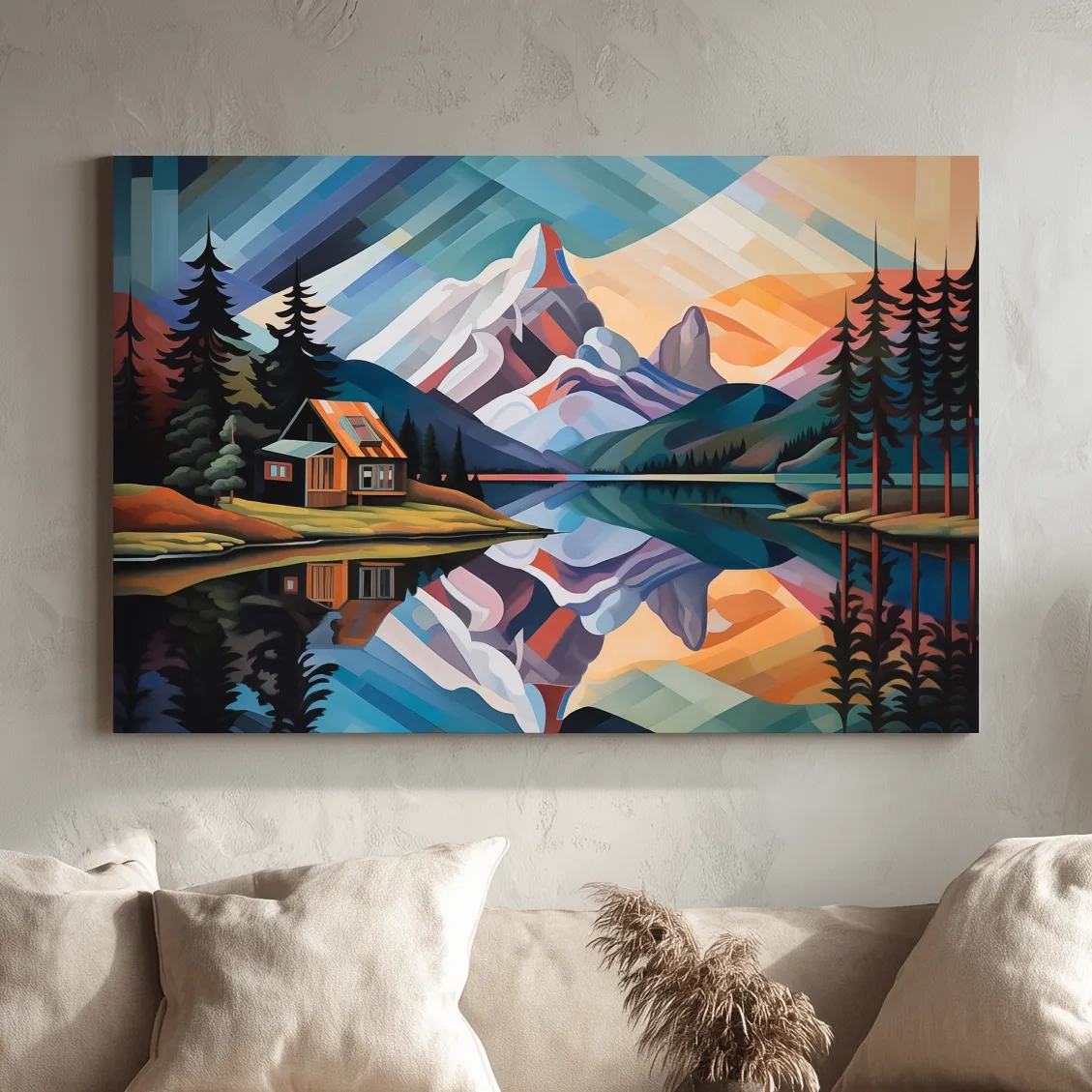 Mountain Cabin by the Lake Canvas Print - Abstract Oil Painting Sunset Wall Art