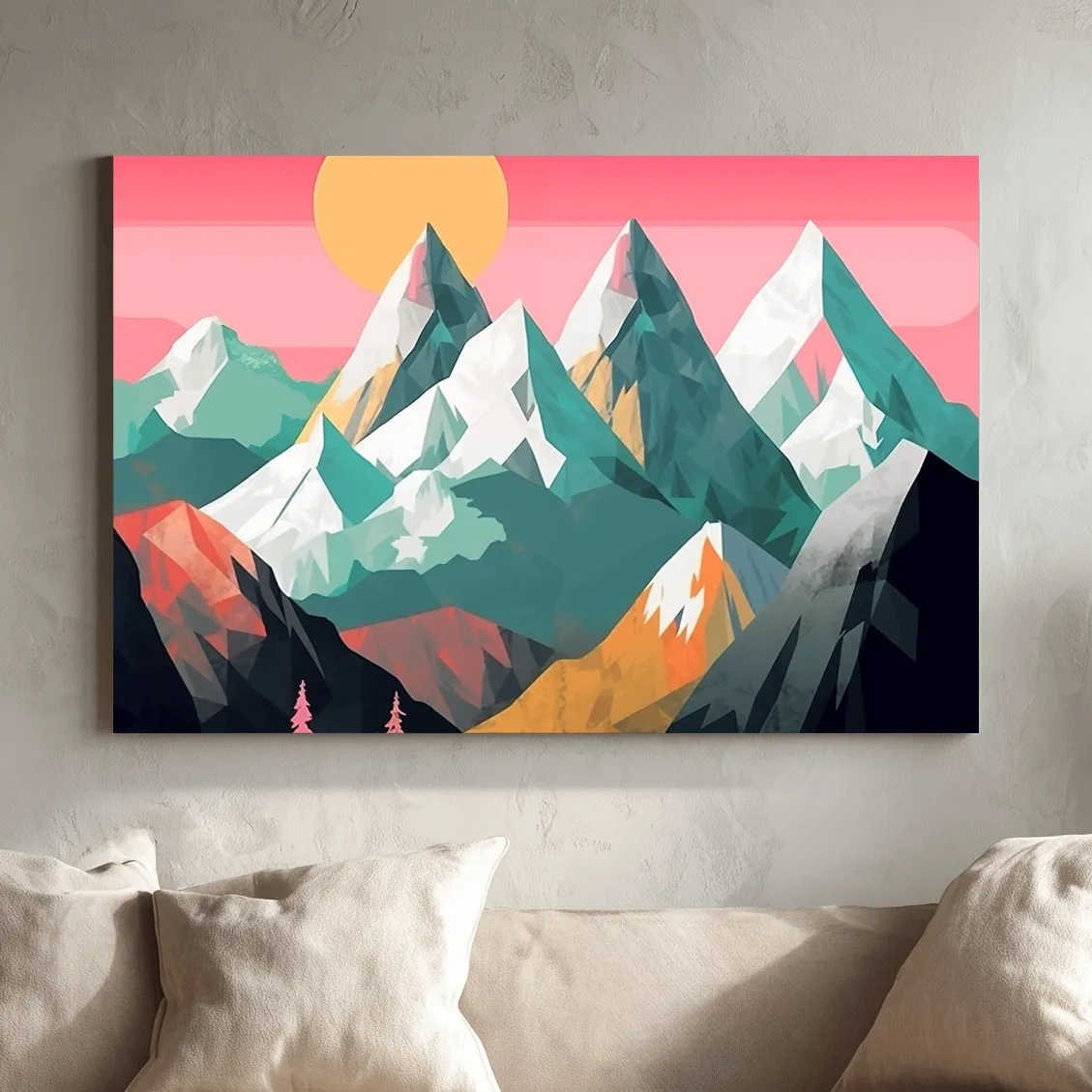 Alpine Mountains Sunrise Illustration - Colorful Landscape Wall Art