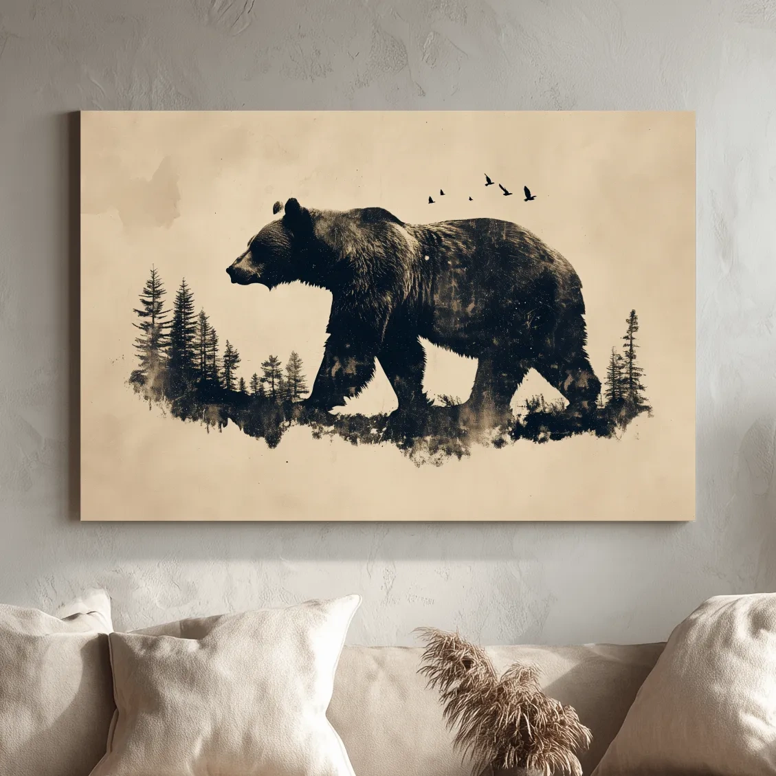 Vintage Grizzly Bear Forest Silhouette - Rustic Wildlife Wall Art