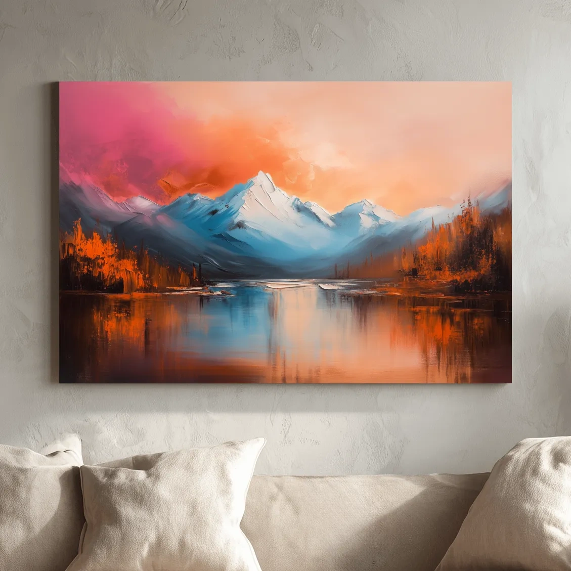 Sunset Mountain Lake Painting - Serene Abstract Landscape Wall Art Print