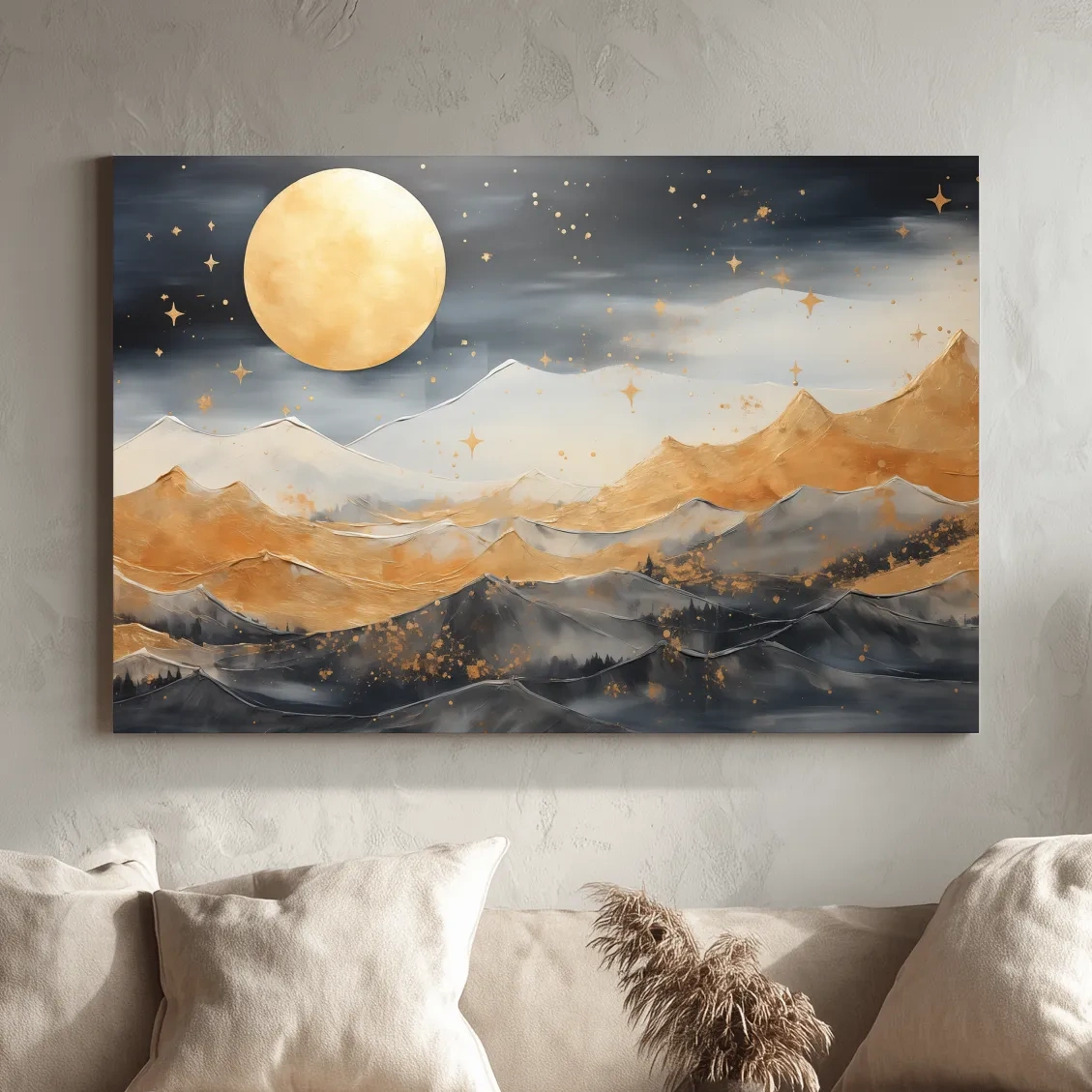 Golden Moonlit Abstract Mountain Landscape - Modern Metallic Watercolor Wall Art