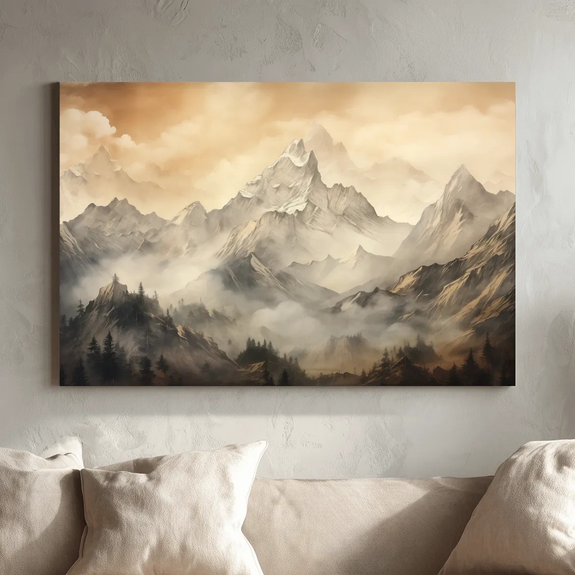 Moody Sepia Misty Mountain Peaks - Atmospheric Alpine Landscape Painting Wall Art