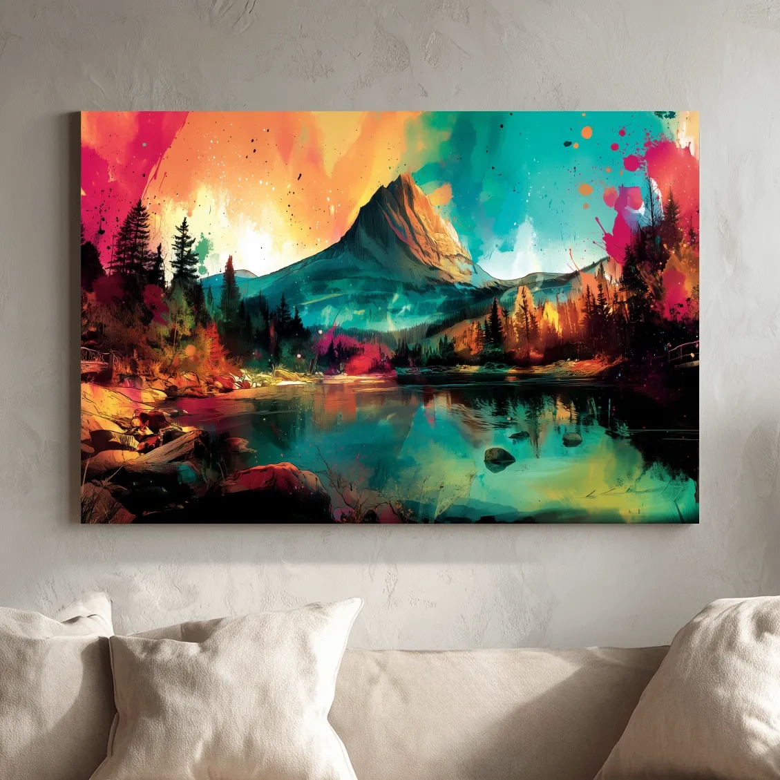 Vibrant Abstract Alpine Mountain Sunrise - Colorful Watercolor Style Artwork